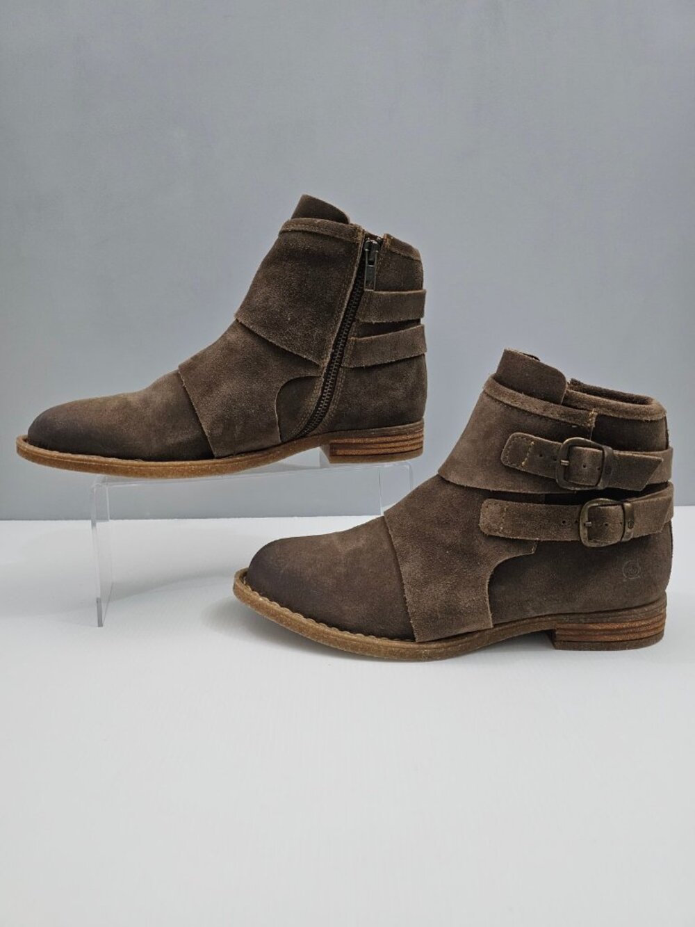 Born Moraga Moto Ankle Boot Size 9.5 Taupe Brown Distressed Suede Western Buckle - Picture 2 of 15
